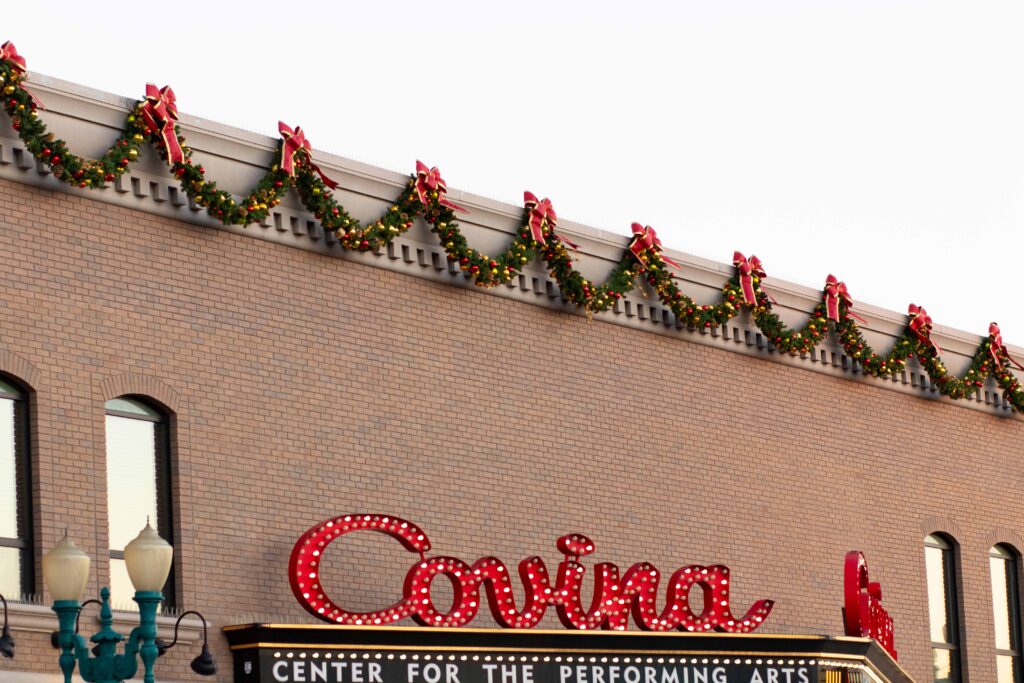 Covina building with Christmas decorations